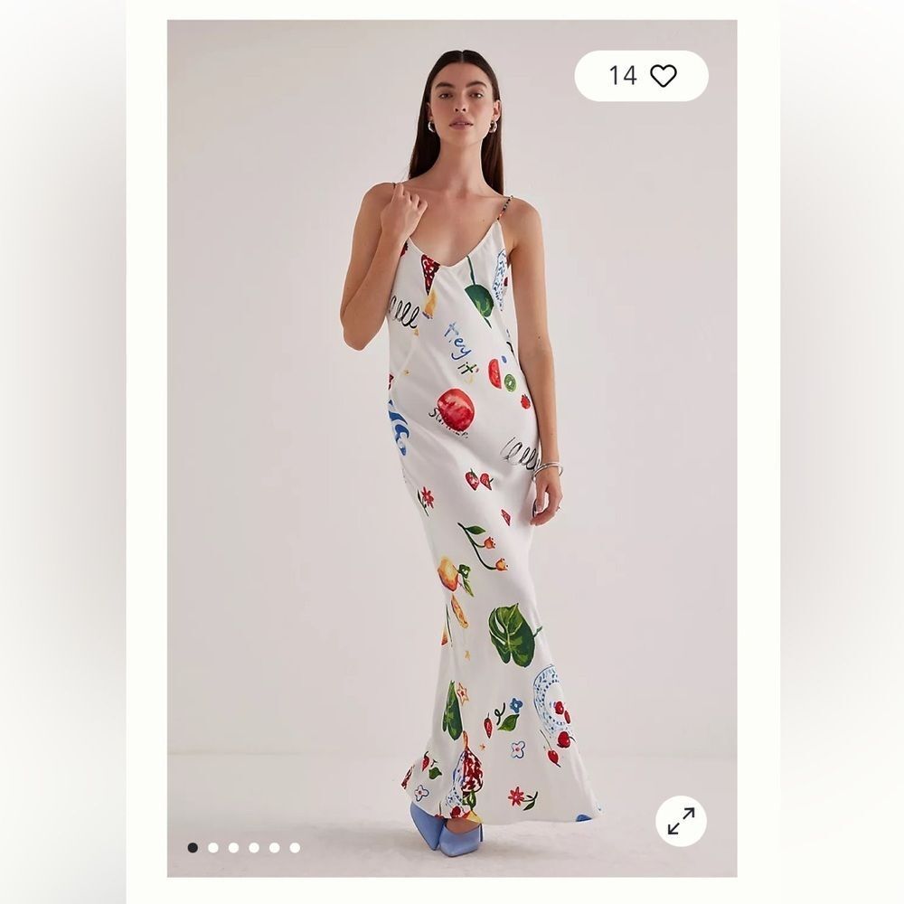 Damson Madder Anthropologie Calypso White Slip Maxi Dress with Multicolor Print - Picture 1 of 9